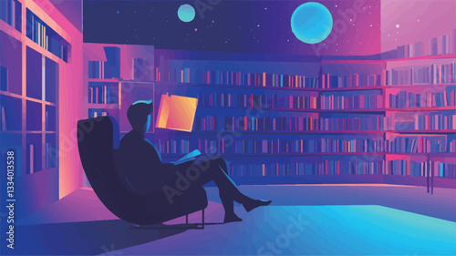 A digital illustration depicting a silhouetted man seated in an armchair within a vast, futuristic library.  The library features brightly lit, color-gradient bookshelves extending to the edges of