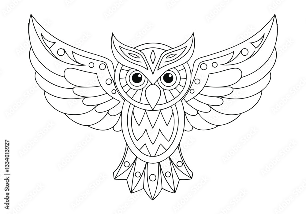 Obraz premium Tribal Owl Tattoo – Black and White Vector Illustration with Bold Tribal Patterns
