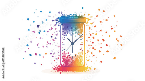 A digital illustration depicting a stylized clock dissolving into a cloud of small, multicolored particles. The clock is rendered in a gradient of rainbow colors, and the particles surrounding it