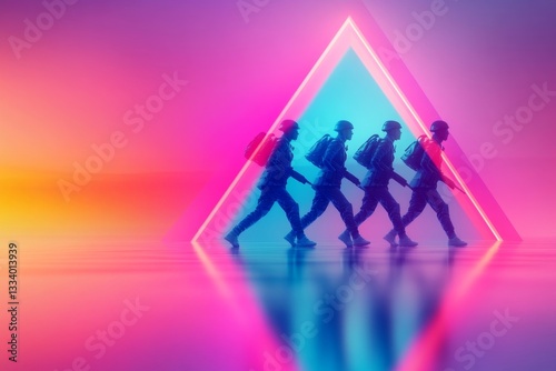 A stylized depiction of a regiment of marching figures, rendered in soft gradients and smooth, geometric shapes to emphasize symmetry and discipline