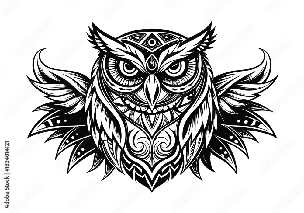 Fototapeta premium Tribal Owl Tattoo – Black and White Vector Illustration with Bold Tribal Patterns