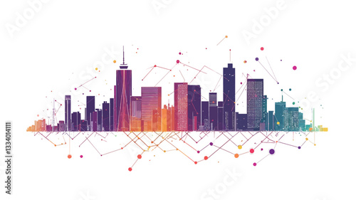 A vector illustration depicting an abstract cityscape skyline. The image features a stylized representation of various buildings in a range of colors, primarily warm and cool tones transitioning