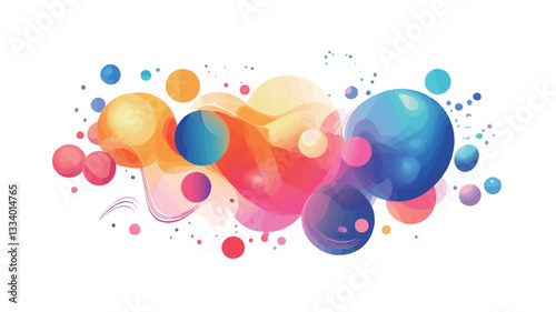 The image depicts an abstract composition of various sized, brightly colored, liquid-like forms against a white background.  The forms are predominantly spherical and amorphous, exhibiting a range