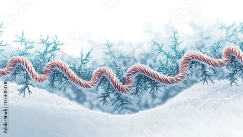The image is a digital illustration depicting a pink, wavy, ribbon-like structure traversing a field of blue crystalline structures resembling frost or ice crystals. The crystalline structures are