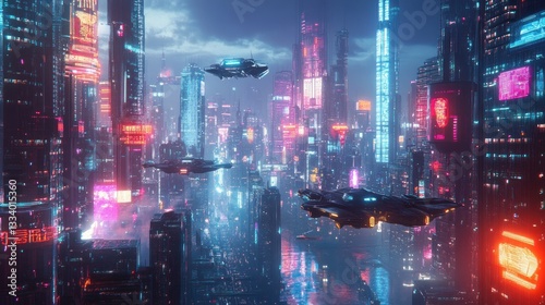 Wallpaper Mural Neon Cyberpunk Cityscape: Futuristic Metropolis with Flying Vehicles Torontodigital.ca