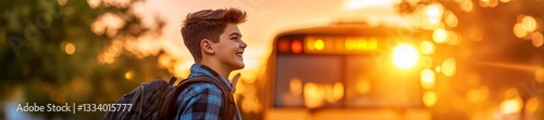 A happy schoolboy waving goodbye as he heads to the bus for a new adventure. Generative AI