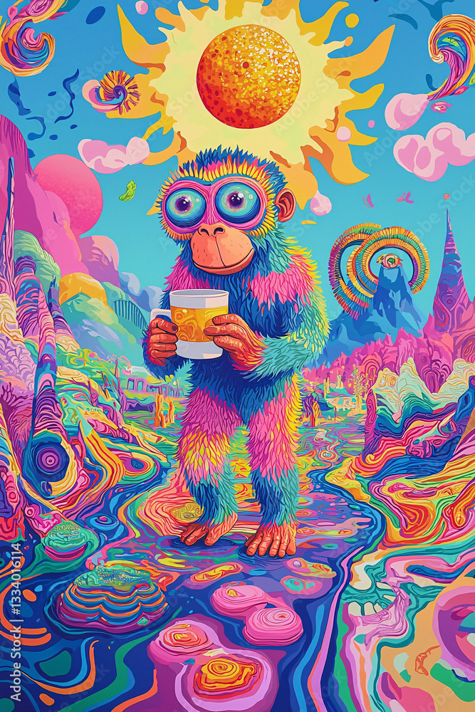 psychedelic monkey in a surreal fantasy landscape, vibrant digital painting with swirling colors, glowing abstract shapes, neon dreamlike jungle scenery, cosmic and visionary artistic illustration psychedelic monkey in a surreal fantasy landscape, vibrant digital painting with swirling colors, glowing abstract shapes, neon dreamlike jungle scenery, cosmic and visionary artistic illustration