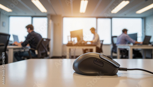 Ergonomic computer mouse on desk in tech office setting, essential tech