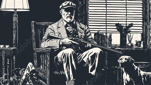 Vector illustration of an elderly hunter sitting in a rocking chair holding a rifle. The noir-style black and white artwork 