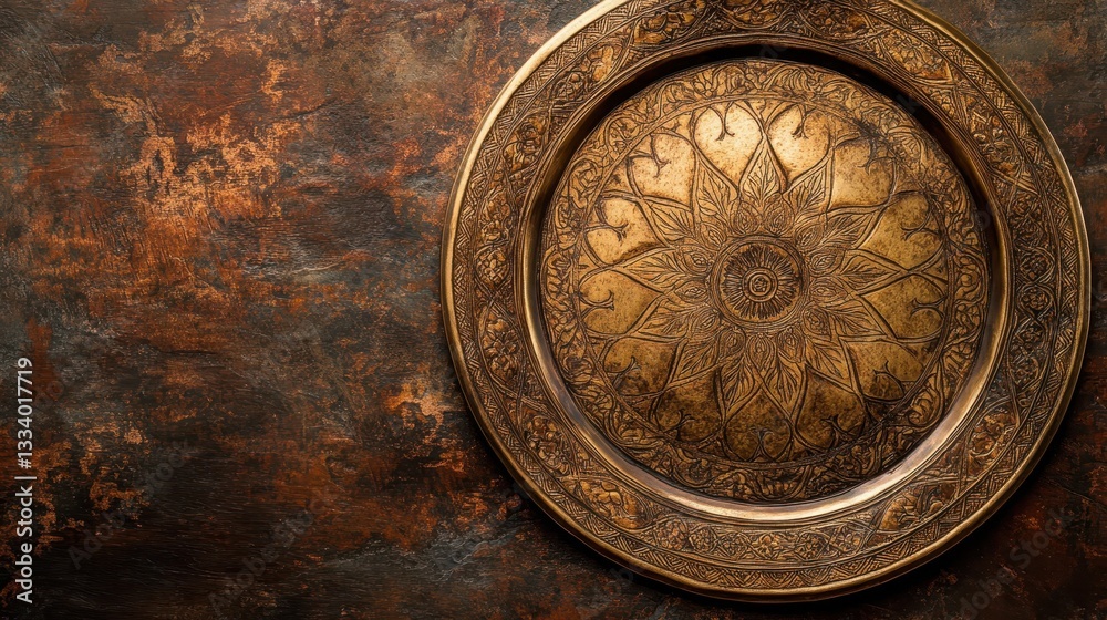 Obraz premium Ornate golden plate featuring intricate patterns with textured background