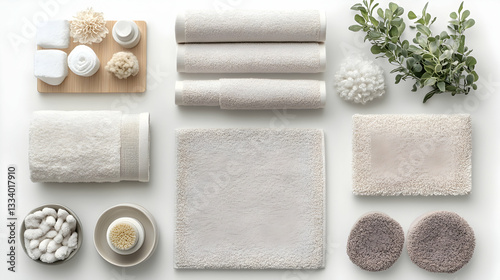 Top view of spa and bathroom essentials with towels, mats, and accessories for relaxation