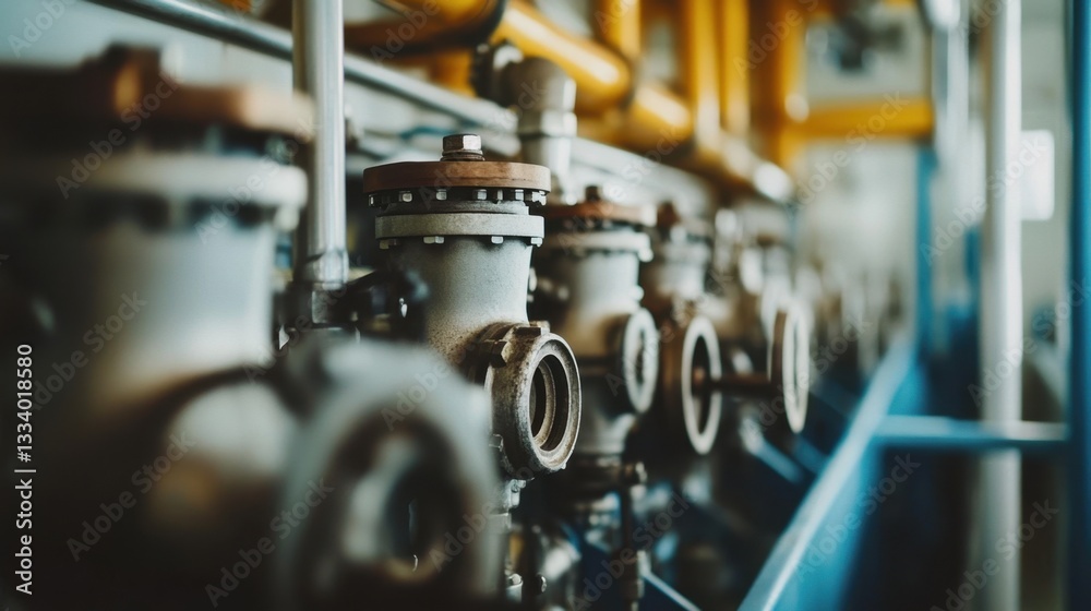 Obraz premium An old ship engine room with rusting pistons, gears, and leaking pipes
