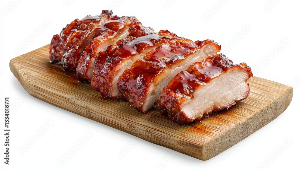 Succulent cantonese-style roasted pork char siu glazed to perfection on a wooden cutting board ready to serve Succulent cantonese-style roasted pork char siu glazed to perfection on a wooden cutting board ready to serve