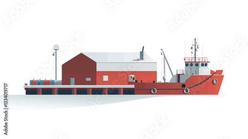 A digital illustration depicting a side profile view of a red fishing vessel docked alongside a red and white processing building on a flat, barge-like structure. The style is minimalist and flat,