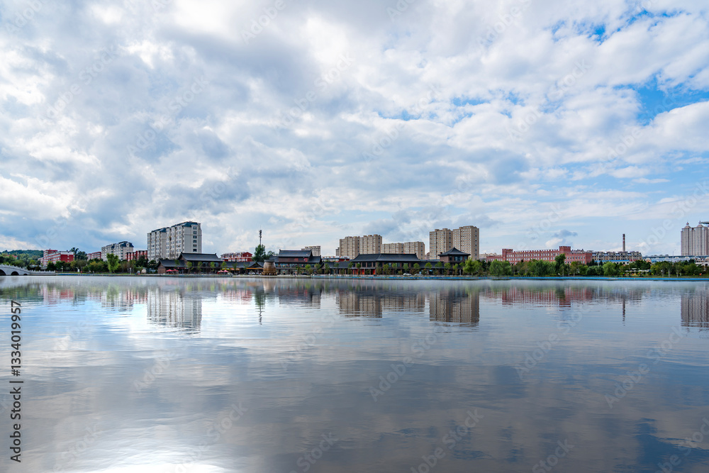 Naklejka premium Bohai Lake City park landscape in Dunhua, Jilin Province