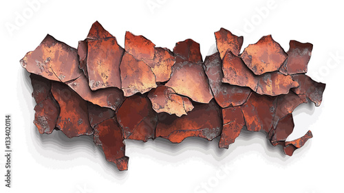 Close-up shot of an abstract arrangement of numerous small, irregularly shaped pieces of rusted metal.  The metal fragments exhibit varying shades of orange, brown, and reddish-brown hues,