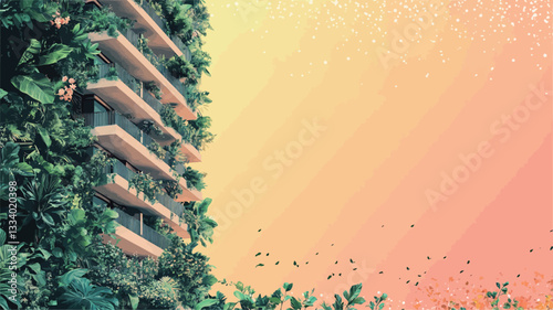 The image showcases a stylized illustration or digital rendering of a high-rise residential building densely covered with lush green vegetation.  The building's structure is visible through the