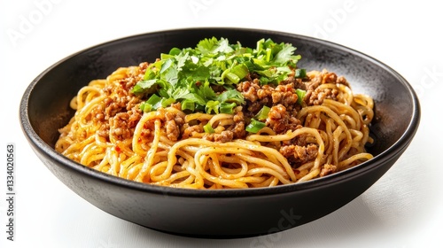 Classic sichuan dan dan noodles with minced pork served in a traditional bowl with fresh ingredients and spicy sauce