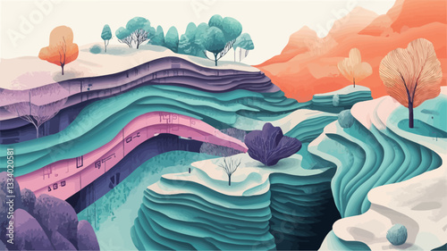 The image is a digital illustration depicting a stylized landscape.  The scene features layered cliffs and hills rendered in a layered, almost geological style, with varying colors including teal,