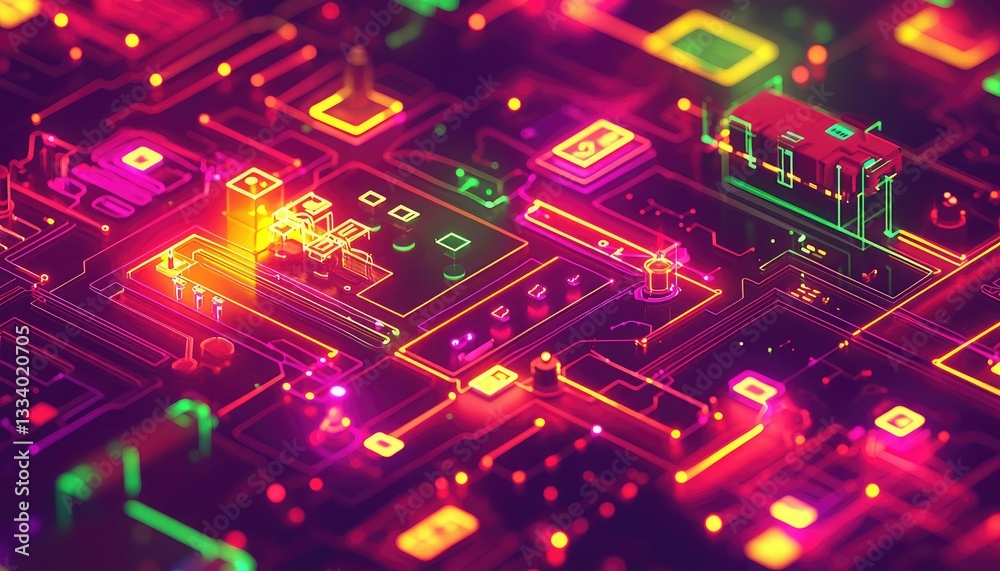 A vibrant, abstract representation of a circuit board illuminated with neon colors, showcasing intricate patterns and technology. A vibrant, abstract representation of a circuit board illuminated with neon colors, showcasing intricate patterns and technology.