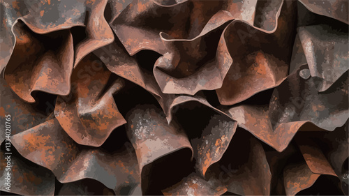 Close-up shot of a textured surface composed of numerous overlapping pieces of rusted metal. The metal exhibits varying shades of brown and orange, indicative of oxidation.  The pieces are crumpled