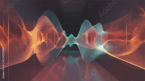 The image depicts an abstract composition featuring two symmetrical swirling forms resembling energy or fluid.  These forms are primarily in shades of orange and teal, with a luminescent glow, set