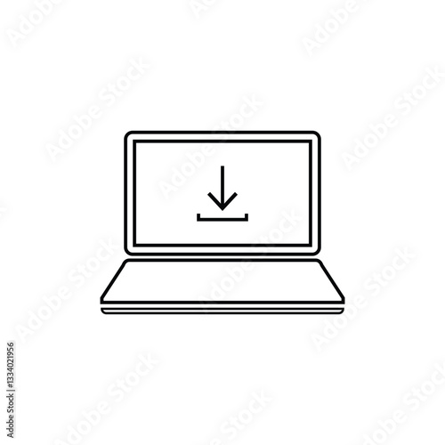 black download arrow in thin line laptop. linear flat style trend modern simple logotype graphic design element isolated on white background. concept of software updating or loading and torrent upload