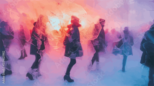 The image depicts a group of people, predominantly women, moving within a space filled with thick, colorful fog or smoke. The fog is illuminated with a vibrant gradient of pink, red, and blue