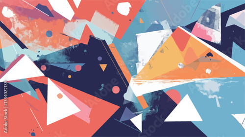 The image is a digital illustration featuring an abstract composition of overlapping geometric shapes, primarily triangles and polygons.  The color palette is vibrant and includes shades of orange,