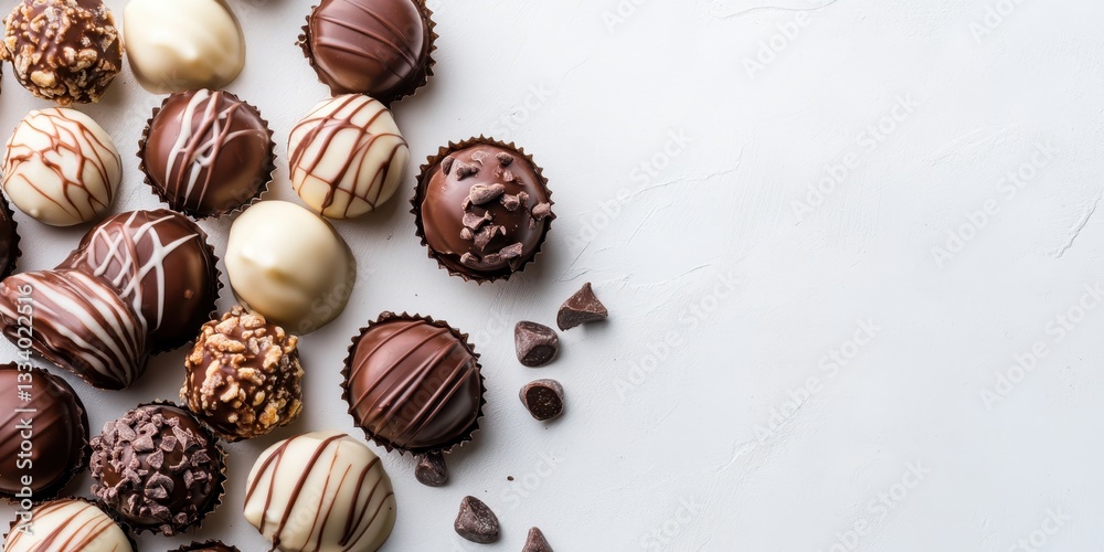 Artisan Chocolate Temptation: An overhead shot showcasing an assortment of meticulously crafted artisan chocolates, each a delectable delight, promises a rich experience for all. Artisan Chocolate Temptation: An overhead shot showcasing an assortment of meticulously crafted artisan chocolates, each a delectable delight, promises a rich experience for all.