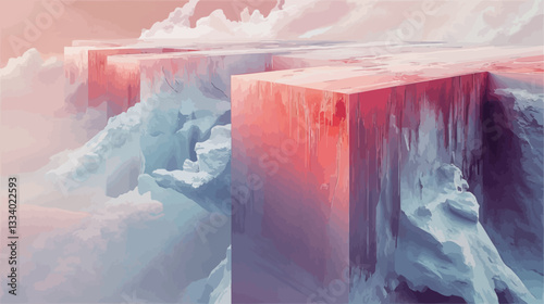 The image depicts an abstract landscape composed of large, geometric ice structures in shades of red, blue, and pink. The structures are irregularly shaped, with rough, textured surfaces. The