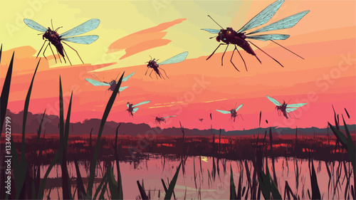Digital illustration depicting a swarm of stylized insects in flight against a vibrant sunset. The insects have translucent wings and dark bodies. The background features a calm body of water