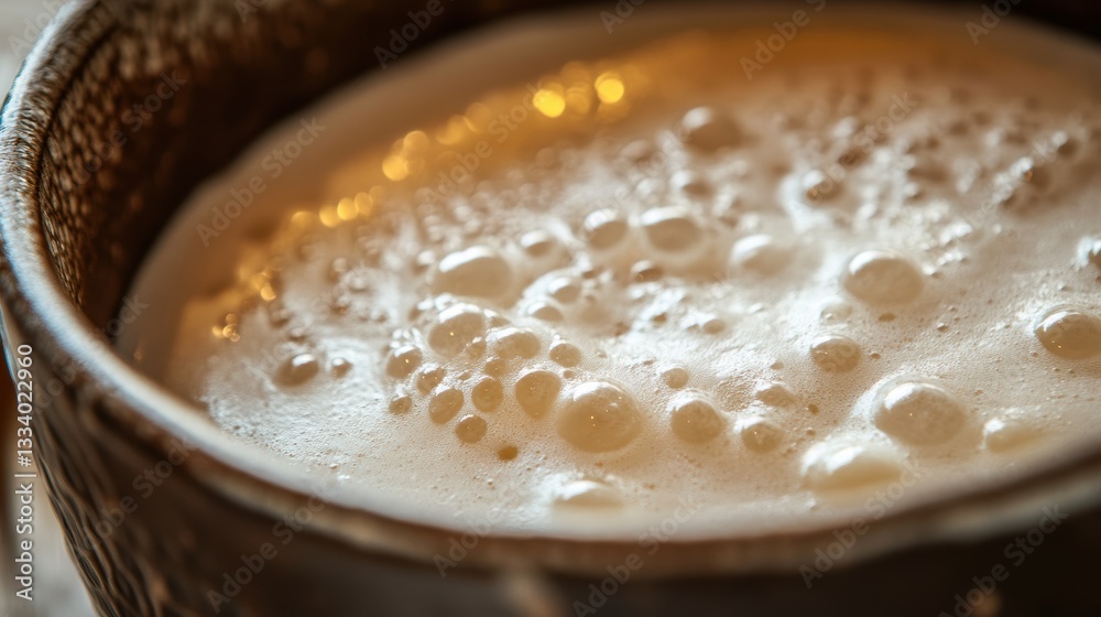 Rustic ceramic bowl with active sourdough starter and glowing probiotics