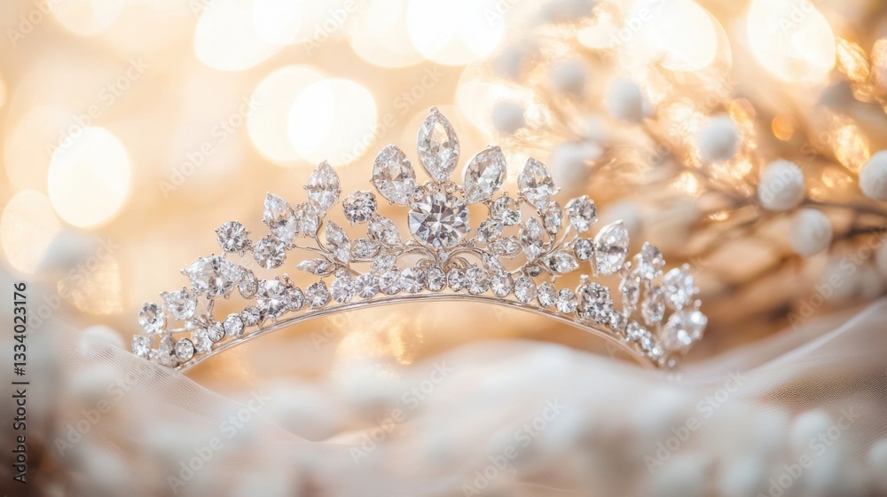 A fairy-tale diamond tiara glowing softly against a pale golden background A fairy-tale diamond tiara glowing softly against a pale golden background
