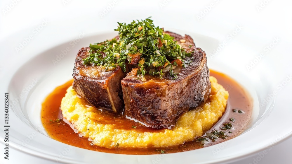 Elegant plating of osso buco with gremolata and cream sauce on a fine dining plate served with fresh herbs Elegant plating of osso buco with gremolata and cream sauce on a fine dining plate served with fresh herbs