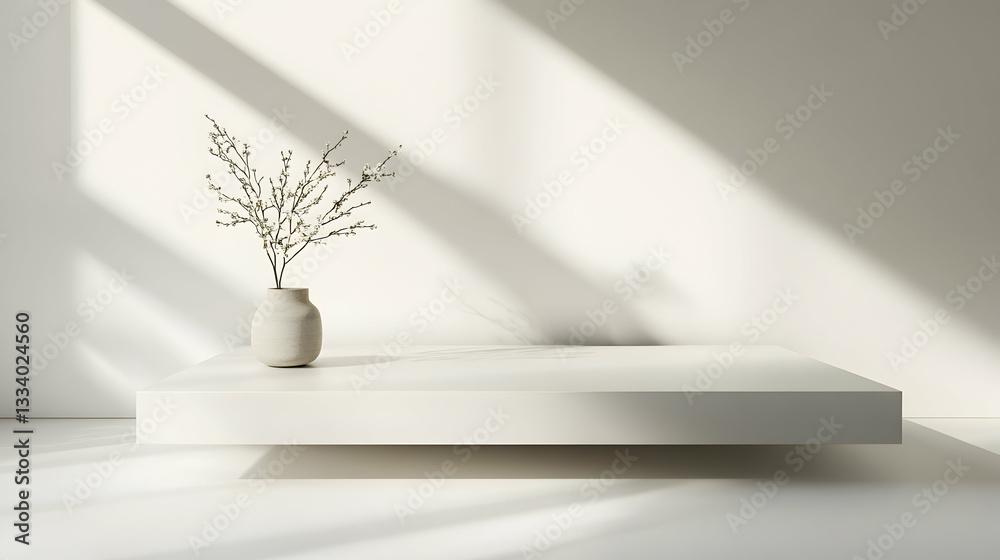 Minimalist setting with vase and plant on platform under sunlight for product display mockup Minimalist setting with vase and plant on platform under sunlight for product display mockup