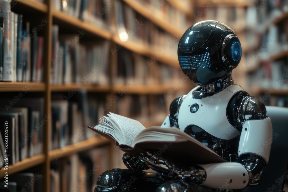 A robot sitting at a desk in a library, reading a book A robot sitting at a desk in a library, reading a book