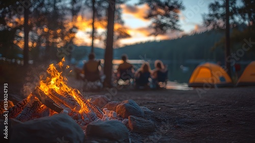 Friends roasting marshmallows at a summer campfire
