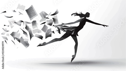 The image is a monochrome illustration featuring the silhouette of a woman in a dancing pose.  She appears to be leaping or twirling, with numerous small, fragmented shapes resembling pieces of