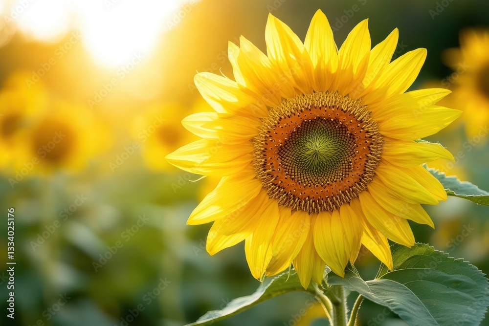 Fototapeta premium Vibrant Sunflower Golden Hour Sunlight Field,