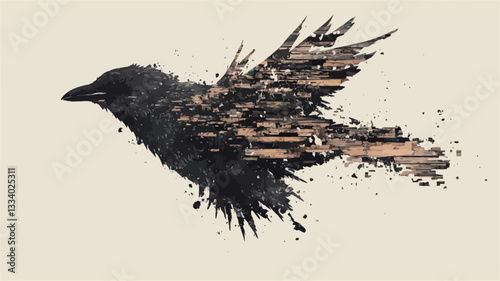 Digital illustration of a crow in flight. The crow is depicted in an abstract style, its body and wings composed of fragmented shapes and textures resembling splintered wood or metal. The colors