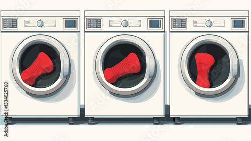 A digital illustration depicting three identical white washing machines, each with a single, large, bright red sock visible within the transparent drum. The machines are positioned side-by-side,