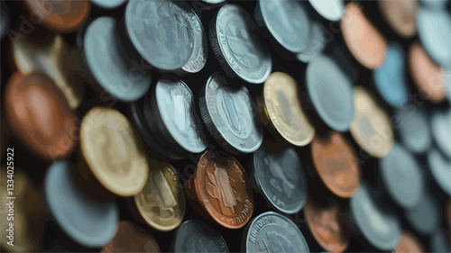 The image is a close-up, high-angle shot of a pile of various coins. The coins are of different sizes, colors (gold, silver, bronze), and designs, creating a textured and visually interesting