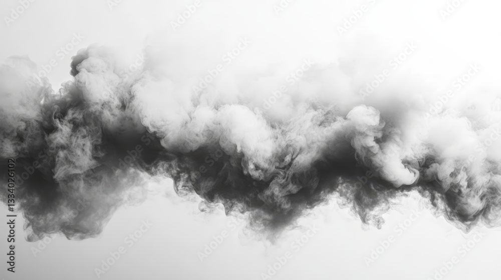 Naklejka premium Dramatic black smoke swirls against a stark white backdrop. A study in contrast and form