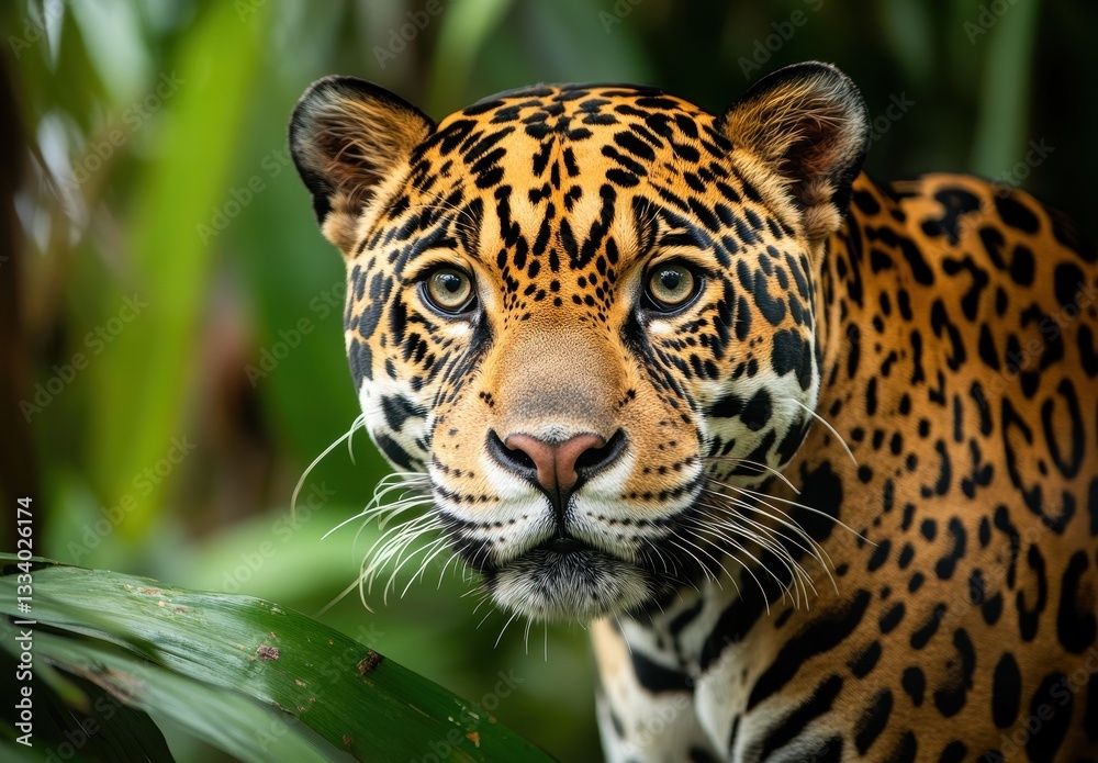 Obraz premium Majestic portrait of a jaguar showcasing its vivid fur patterns and intense gaze in a lush tropical habitat surrounded by vibrant green foliage