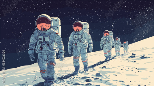 The image is a digital painting or illustration depicting four astronauts in spacesuits walking across the surface of the moon. The background shows a dark space with visible stars. The moon's