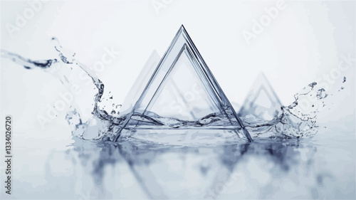 The image shows a stylized abstract representation of a water splash.  Two transparent, geometric triangles are partially submerged in water, creating a splash effect. The water is depicted with a
