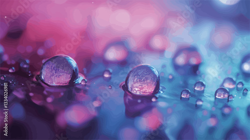 The image is a close-up macro shot of numerous water droplets of varying sizes resting on an undefined surface.  The droplets are highly reflective, showing slight distortions of the background.