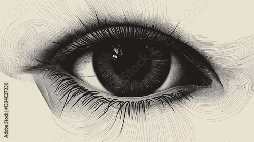 A close-up, monochromatic illustration of a human eye.  The image is rendered in shades of black and white, showcasing detailed rendering of the iris, pupil, and eyelashes.  The style is