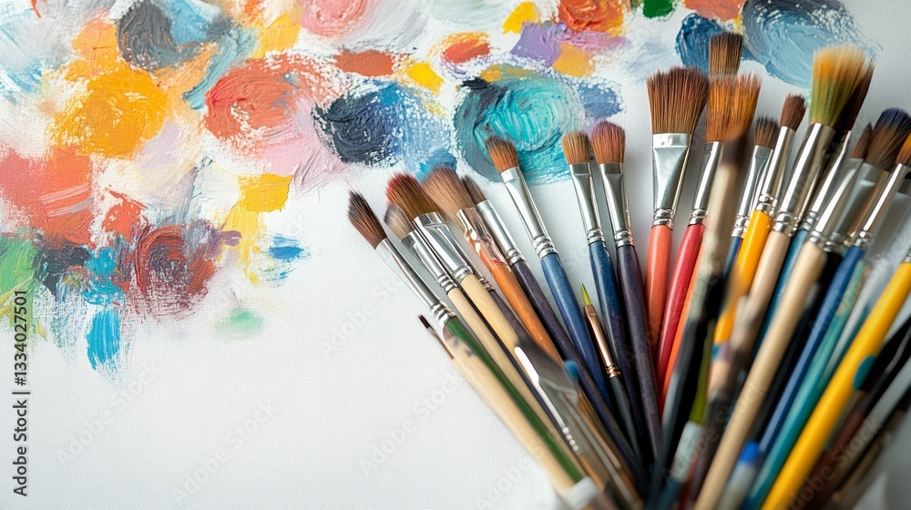 Fototapeta premium minimalistic flat lay of vibrant colored pencils and brushes on a clean white canvas, creative workspace theme 